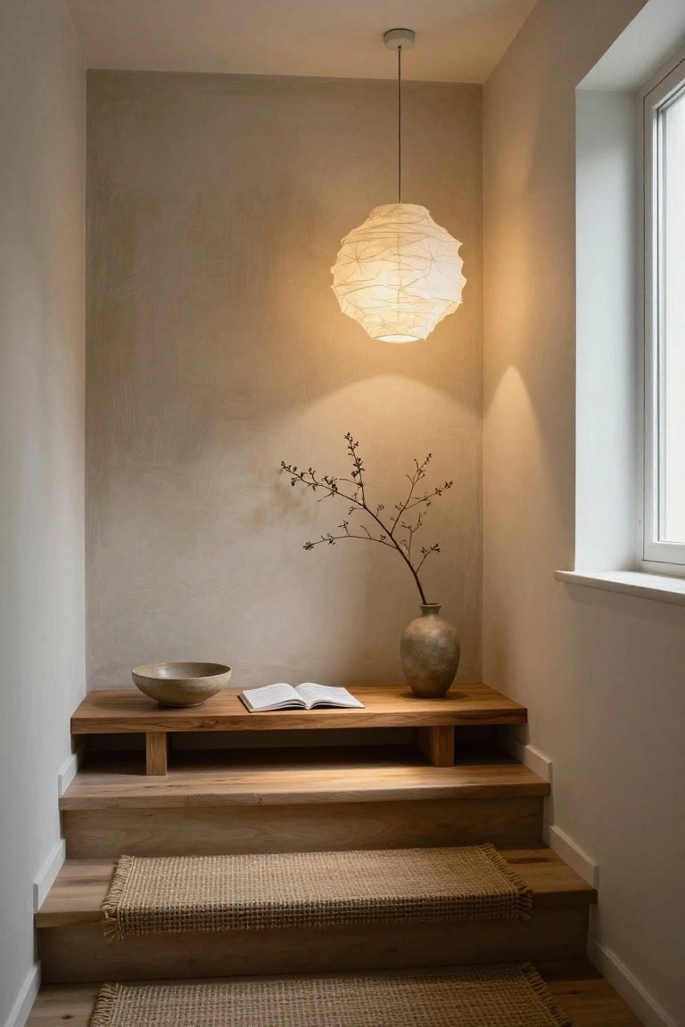 Light wood staircase with beige rug runner leading up, wooden shelf on landing holding a ceramic bowl, open book, and tall vase with branches, lit by a ruffled white paper lantern pendant against textured beige wall and window.