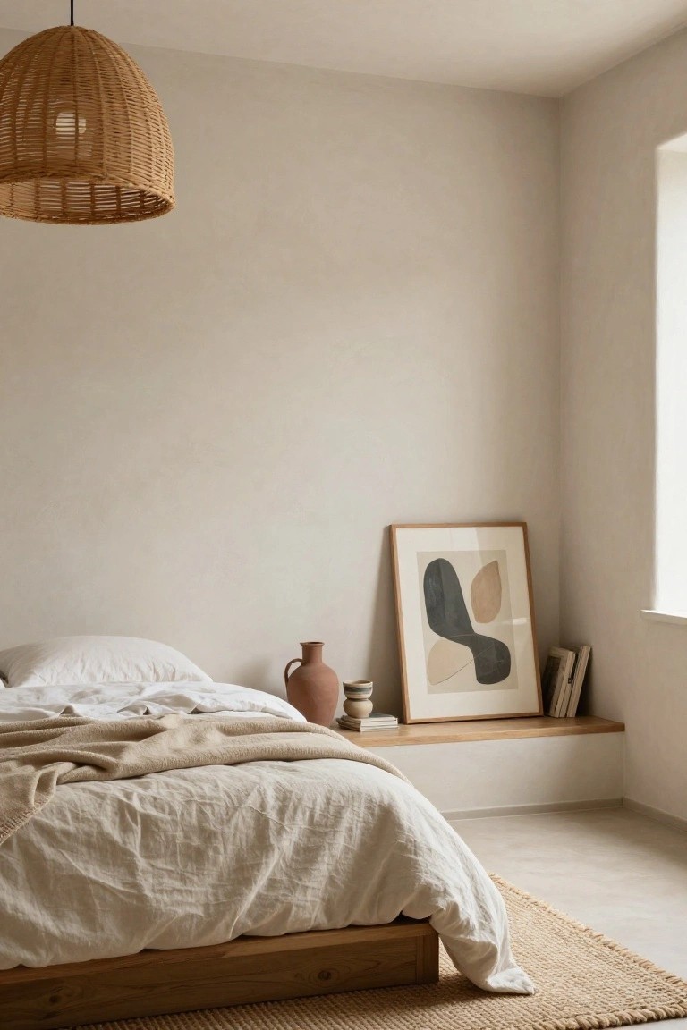 Bedroom corner with low wooden platform bed covered in white linen sheets and beige throw, large hanging rattan pendant lamp, wooden floating shelf holding terracotta pots, books, and framed abstract print, next to a window in pale walls.