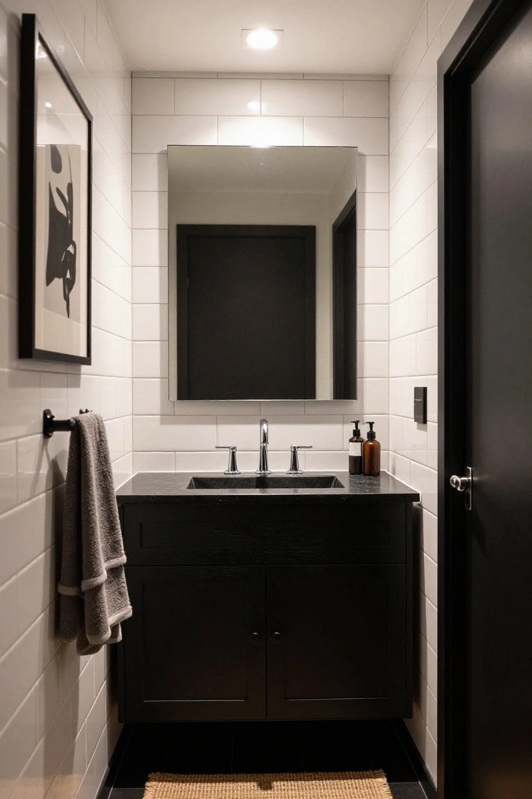 Small bathroom featuring white subway tile walls, black vanity with sink, rectangular mirror, gray towel on wall rack, two amber soap dispensers, and a recessed ceiling light above the vanity area next to a black door.