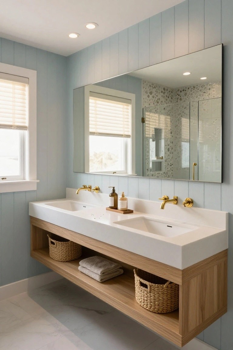 Light blue shiplap-walled bathroom with floating white double vanity on oak base, gold wall-mount faucets, large rectangular mirror, woven baskets underneath, and two recessed ceiling lights above the sinks.