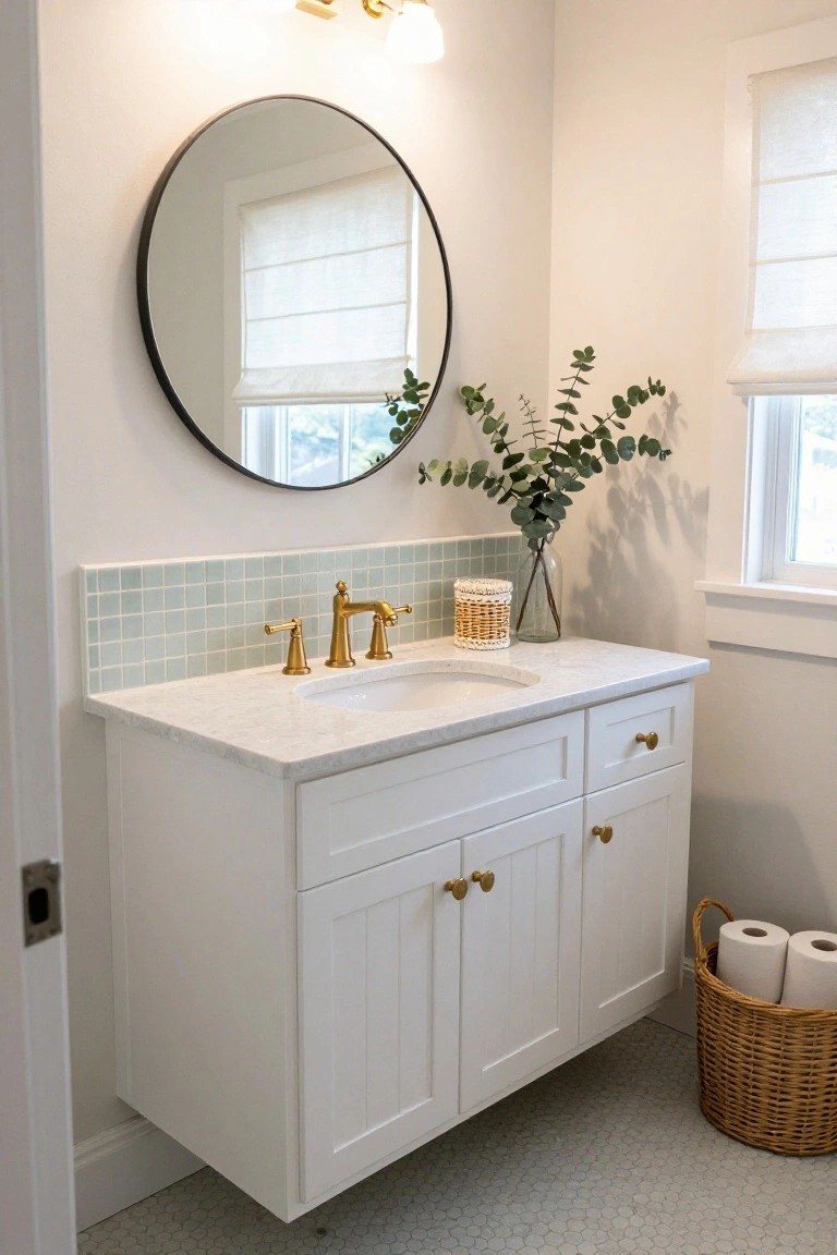 Bathroom vanity setup with floating white cabinet, white marble countertop, undermount sink, gold bridge faucet, light blue subway tile backsplash, round black-framed mirror, eucalyptus in glass vase, wicker tissue holder, wicker basket of toilet paper rolls on floor, two gold wall sconces above mirror, hex tile floor.