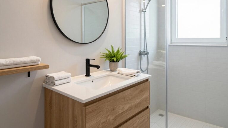 Modern bathroom with floating white vanity drawer unit in light wood, round black-framed mirror with backlit edge, black faucet, glass shower enclosure, wood shelves holding towels, potted fern, and hexagonal gray floor tiles.