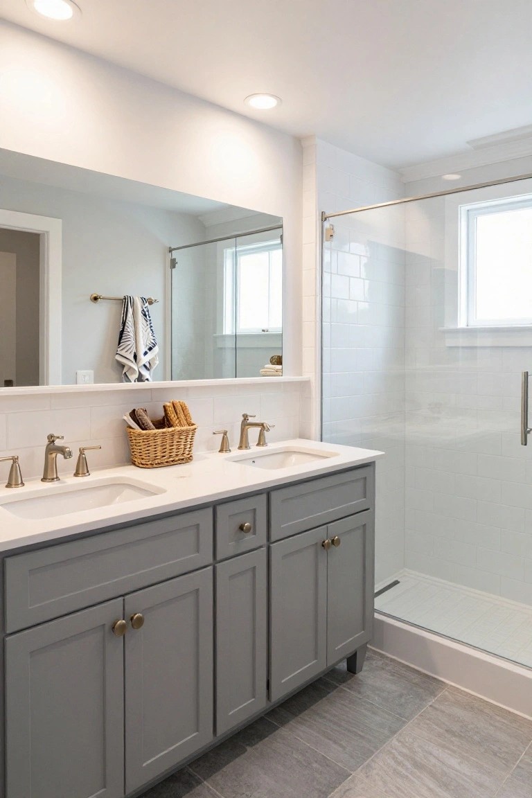 Modern bathroom with gray double vanity, two white undermount sinks, polished nickel faucets, large wall mirror, glass shower enclosure with subway tile, and recessed ceiling lights.
