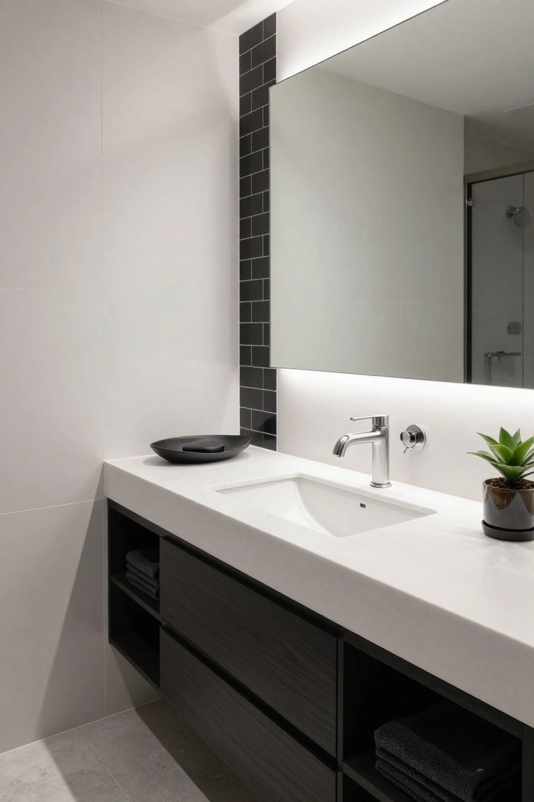 Bathroom vanity with floating white sink on black cabinets, chrome faucet, large mirror edged in black tiles with recessed LED strip lighting, black soap dish, folded towels, potted plant, and shower door in background.