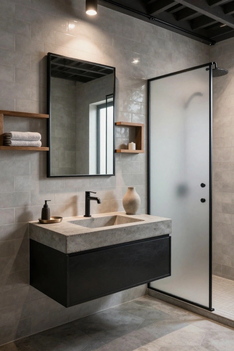 Modern bathroom with gray subway tiles, floating black vanity and concrete sink, black faucet, black-framed mirror, wooden wall shelves holding towels and a candle, beige vase, soap dispenser, and frosted glass shower enclosure with black metal frame, illuminated by a black recessed ceiling light above the vanity.