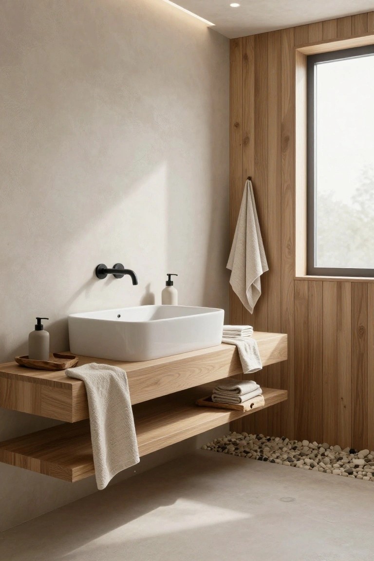 Bathroom with floating oak wood vanity holding white rectangular sink, black wall faucet, soap dispensers, folded towels, hanging towel, wood panel wall, large window, beige walls, pebble accents on floor, and recessed ceiling lights.