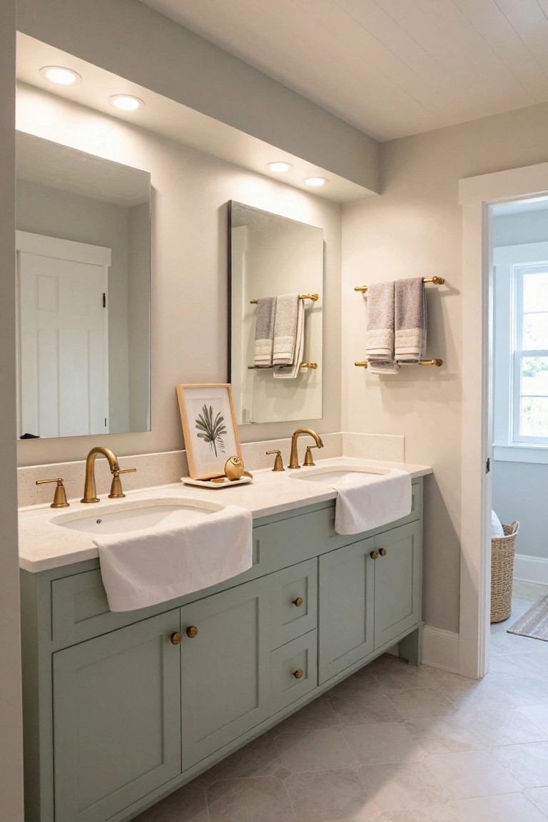 Bathroom double vanity with sage green lower cabinets, white quartz countertop and sinks, gold faucets, recessed ceiling lights above, large framed mirror, and towels on racks.