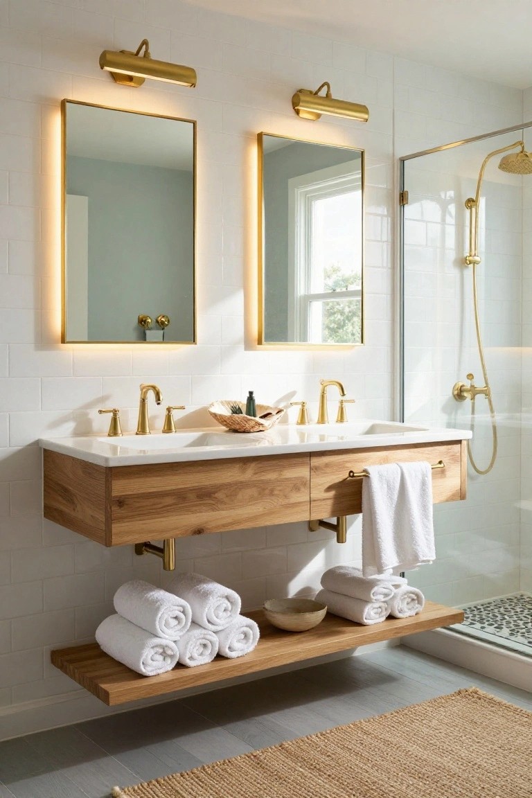 Modern bathroom with floating oak vanity, double white sinks, gold faucets and hardware, two tall backlit gold-framed mirrors flanked by gold sconces, glass shower with gold showerhead, white subway tile walls, and wood towel shelf.