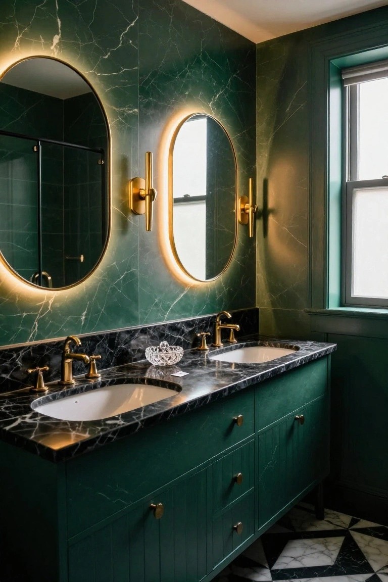 Green marble-walled bathroom with two large oval backlit gold-framed mirrors above a black marble double vanity, green cabinetry, gold sconces, and black-and-white checkered floor tiles.