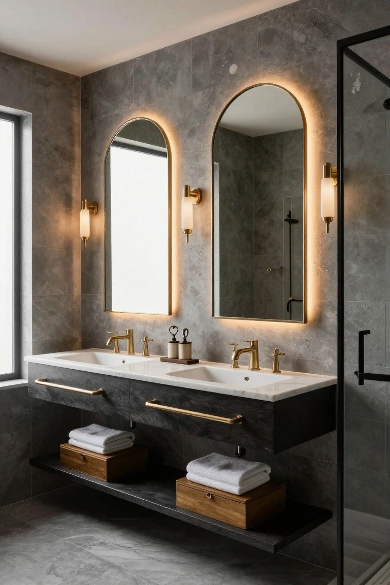 Modern bathroom with two large arched mirrors featuring gold LED backlighting and flanked by gold sconces, a floating black double vanity with gold faucets and white marble sinks, gray tiled walls and floor, and a black-framed glass shower enclosure.