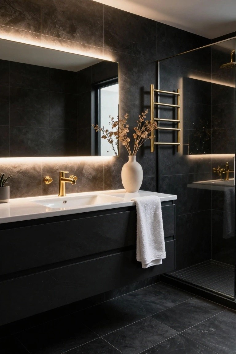 Black-tiled bathroom with large backlit mirror edged in LED lighting, gold sink faucet and towel rail, white vase on white countertop, and glass shower enclosure.