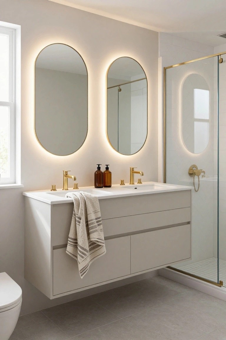 Modern bathroom with two large oval mirrors in gold frames featuring backlighting, mounted above a white double sink vanity with gold faucets on a floating beige cabinet, next to a glass shower enclosure and white toilet.
