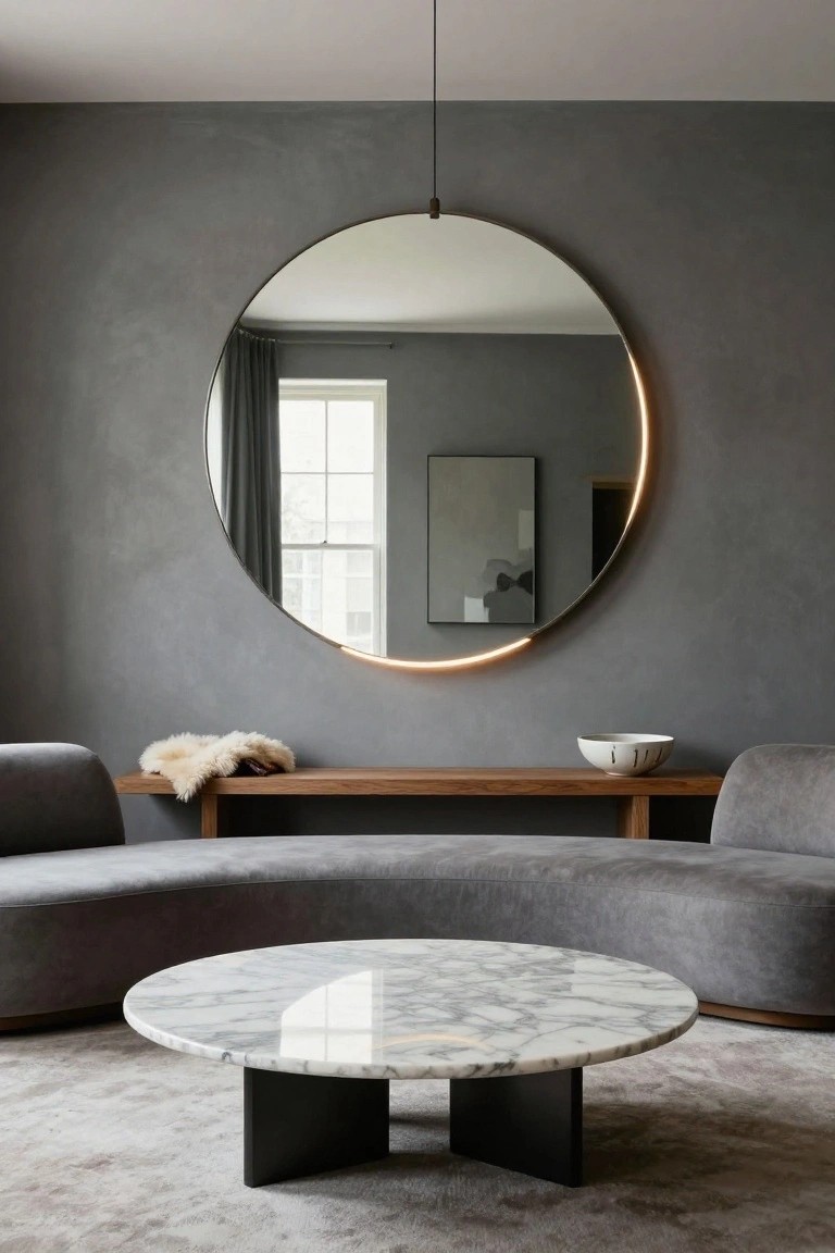 Modern living room with large circular mirror featuring thin glowing orange LED rim on textured gray wall, curved gray sofa, white marble coffee table on black legs, wooden bench with sheepskin throw and white bowl.