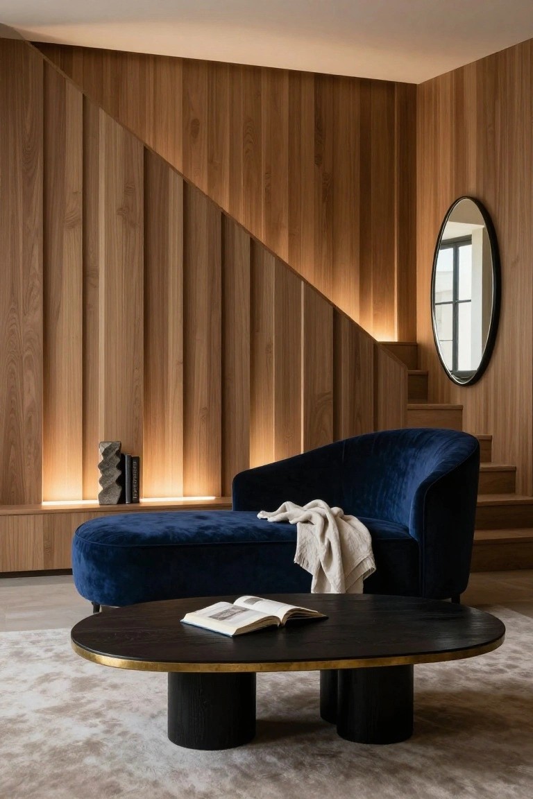 Modern living room corner featuring vertical wood slat wall backlit by hidden LED strips, navy velvet chaise lounge with throw, black coffee table with gold trim on beige rug, oval mirror, and short wooden staircase.