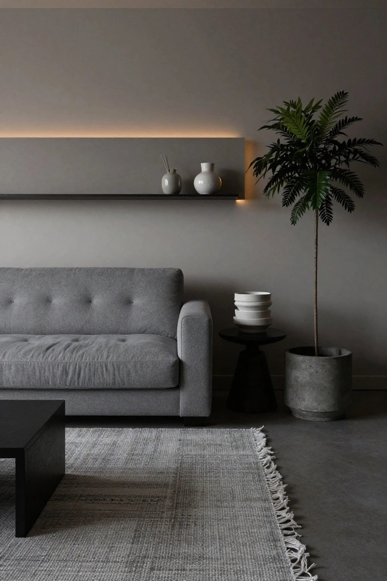 Modern living room featuring a gray fabric sofa, black coffee table, tall potted palm tree, stacked white plates on a black side table, white vases on a backlit gray wall shelf, gray rug, and concrete floor.
