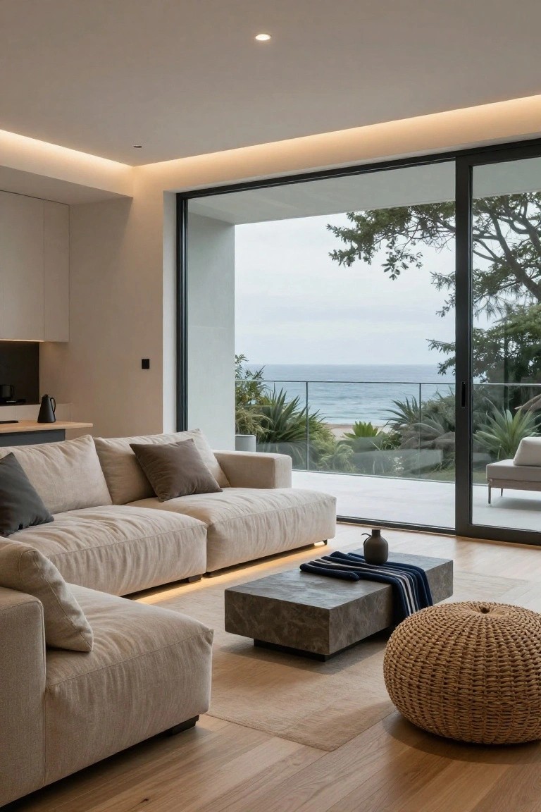 Modern living room with light beige L-shaped sofa, low concrete coffee table with blue cloth, woven rattan pouf, oak wood floor, small kitchen counter, and floor-to-ceiling glass doors to outdoor balcony with ocean view and plants, lit by recessed LED strips in ceiling coves.