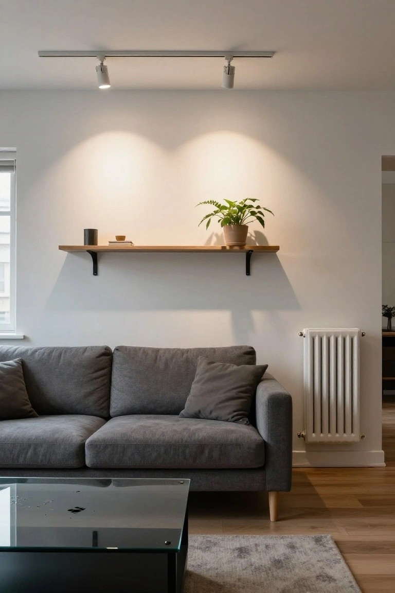 Modern living room featuring a gray sofa, glass coffee table on a rug, wooden floating shelf with a plant and mug, white radiator, and ceiling-mounted track lighting with spotlights.