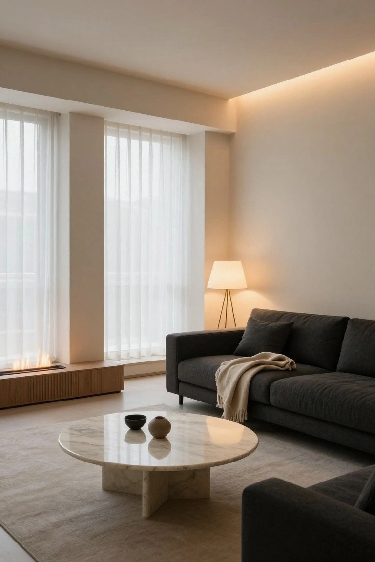 Contemporary living room with dark gray L-shaped sofa, beige throw blanket, white marble coffee table with black bowl and ceramic vase, linear gas fireplace on wood cabinet, tripod floor lamp, sheer white curtains on tall windows, and warm recessed cove lighting along ceiling perimeter.