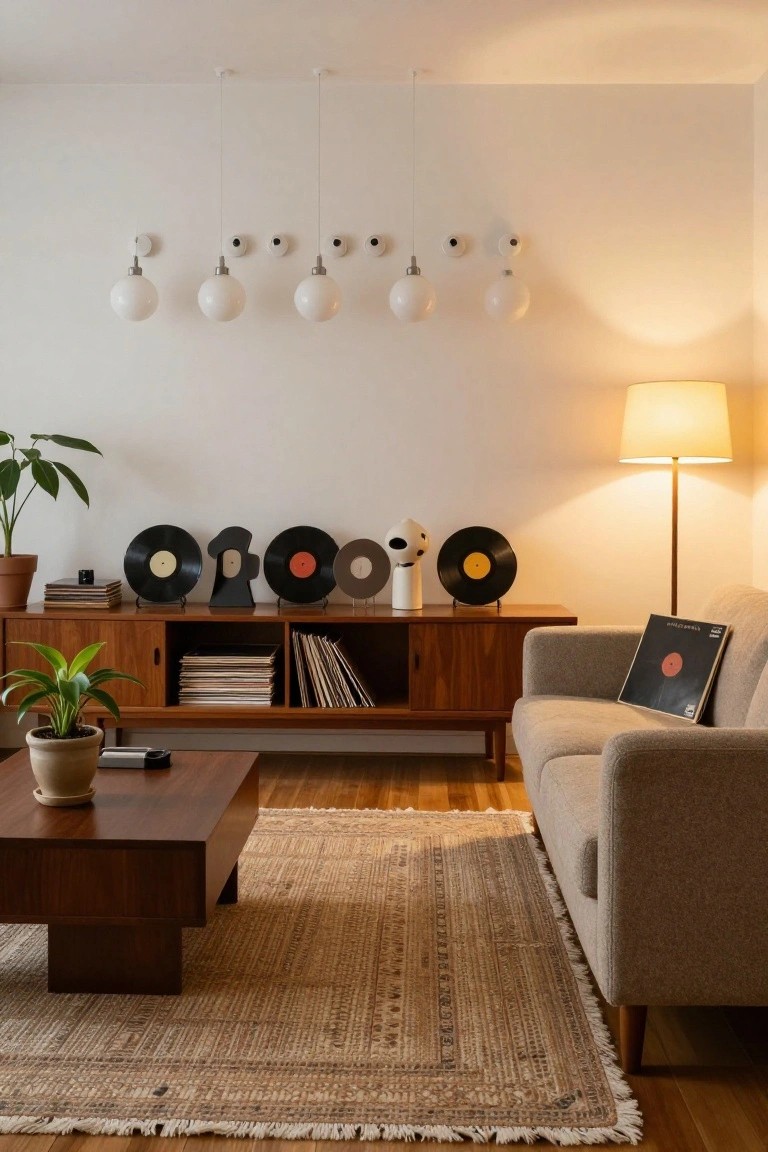 A living room with a wooden credenza displaying vinyl records, plants, and sculptures under a row of hanging white globe pendant lights, next to a beige sofa, wooden coffee table, floor lamp, and woven rug on a wooden floor.