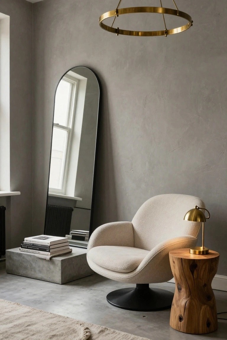 A cream-colored swivel chair sits next to a tree trunk side table with a gold-shade brass lamp and stacked books on a concrete plinth, beside a tall arched black mirror on a textured beige wall, under a large gold hoop chandelier, with a beige rug on a concrete floor.