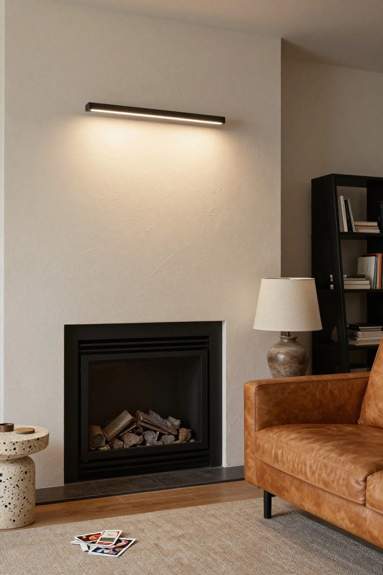 Modern living room with a horizontal black linear LED wall light mounted above a black fireplace, tan leather sofa nearby, black bookshelves with books, ceramic lamp on a shelf, speckled pedestal side table, and beige rug on wood floor.