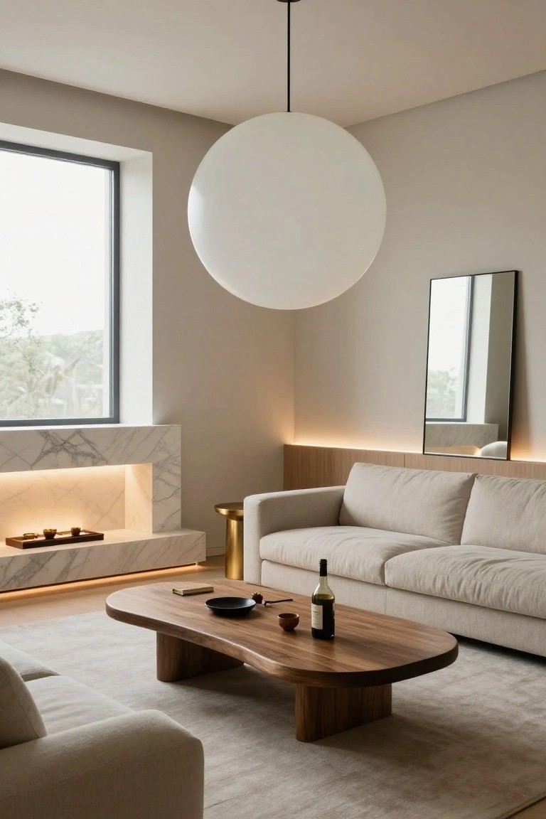 Modern living room with large white spherical pendant light over wooden coffee table, beige sofa, marble fireplace with LED backlighting, gold side table, and large window with trees outside.