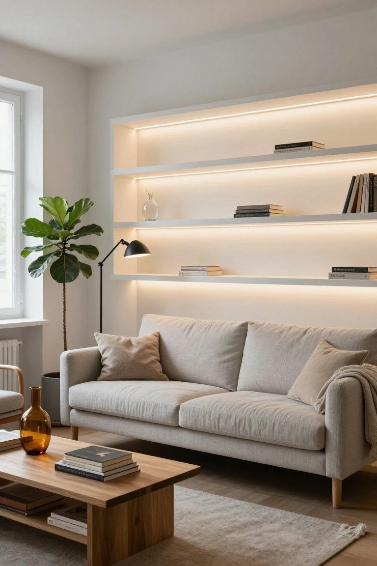 Modern living room featuring a light beige sofa, wooden coffee table with books, potted fiddle leaf fig plant, floor lamp, and white floating shelves with integrated LED strip lighting on a light gray wall.