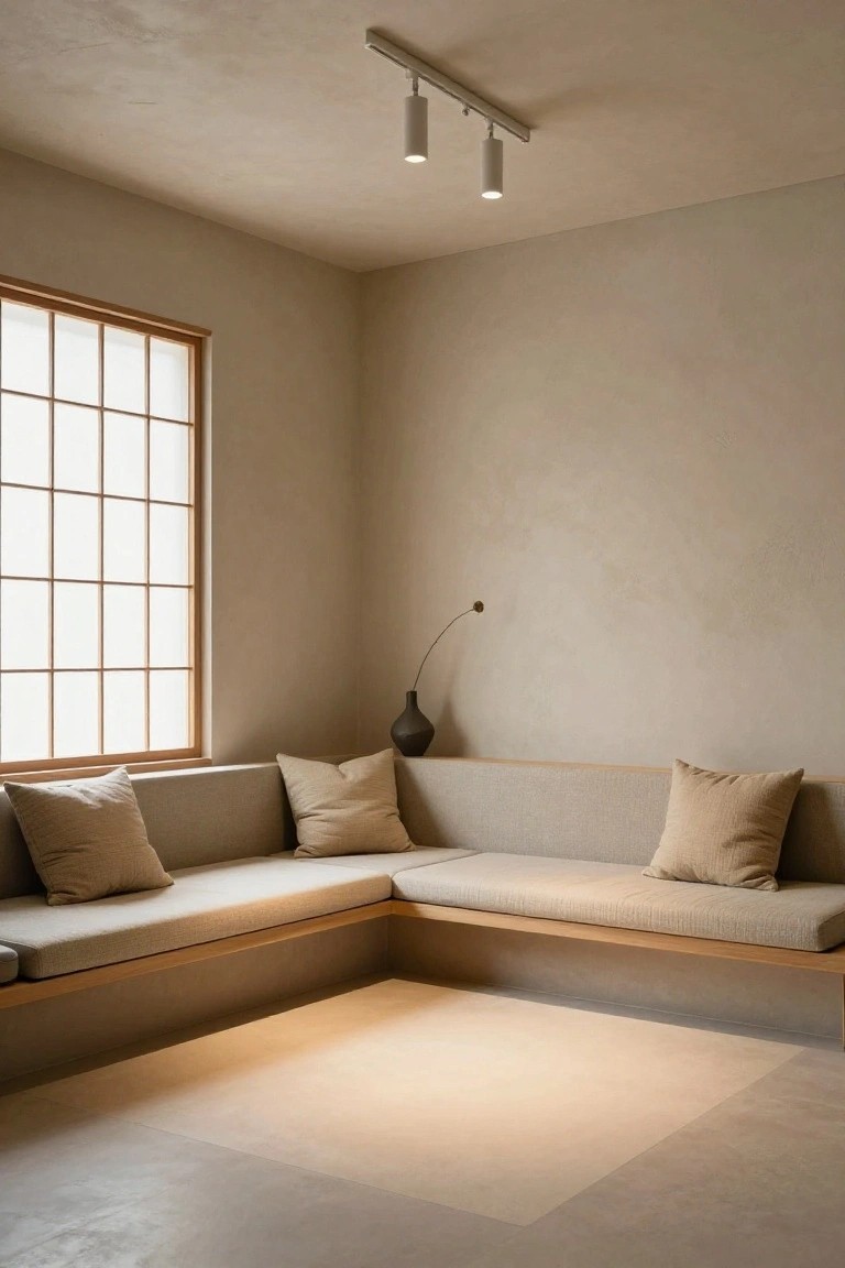 Minimalist beige living room corner with wooden grid window, built-in bench seating with beige pillows, black vase nearby, and two white cylindrical spotlights on a ceiling track shining down onto the light floor.