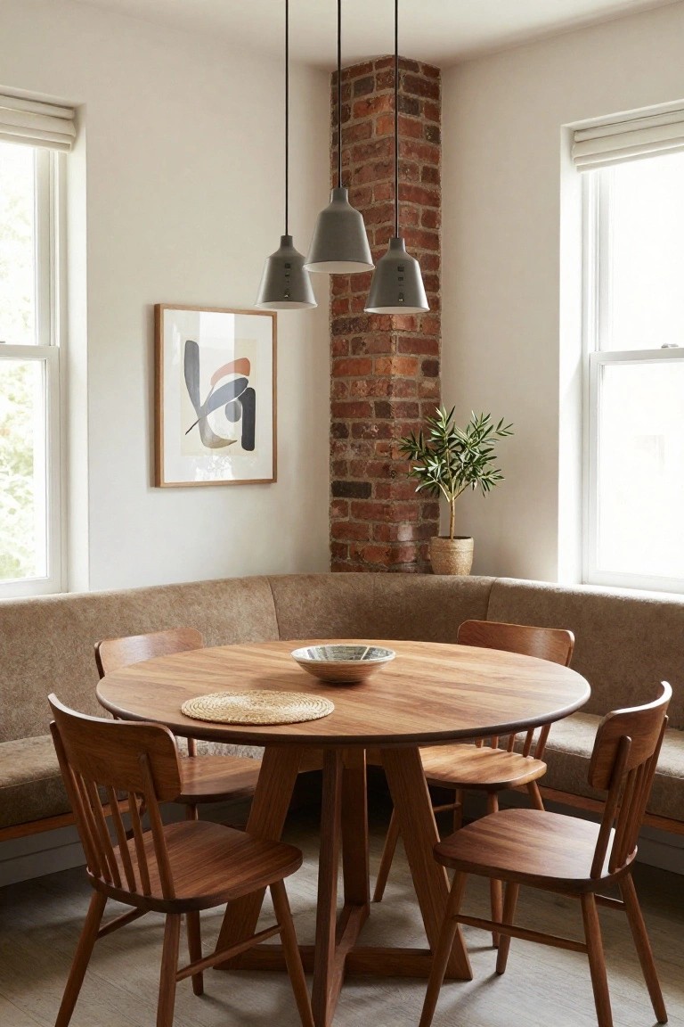 Cozy apartment dining nook with beige booth seating around a round wooden table topped with a straw placemat and bowl, four wooden chairs, three hanging gray conical pendant lights, exposed brick wall with abstract framed artwork and potted olive tree, large windows with roller blinds, and light wood floor.
