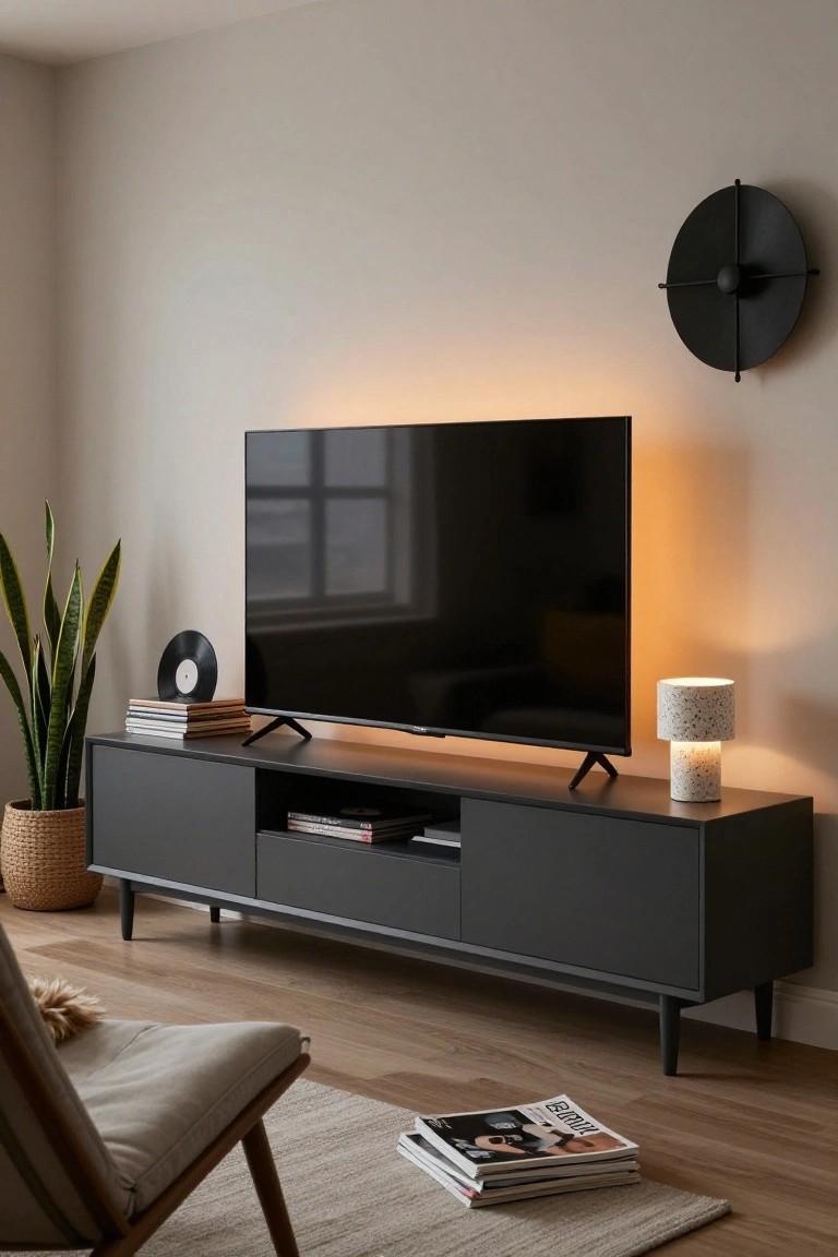 Modern living room featuring a large black TV with orange ambient backlighting on a dark gray media console, snake plant in a basket, vinyl records and books stacked nearby, white table lamp, black wall clock, and a beige woven chair on a wooden floor.