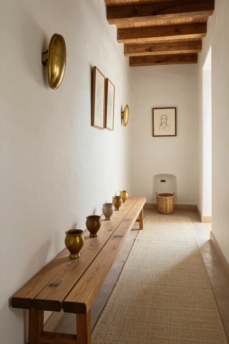 Narrow white hallway with exposed wooden ceiling beams, wooden bench along one wall, brass pots on the bench, woven basket nearby, framed artwork on walls, and oval brass wall sconces mounted at intervals.