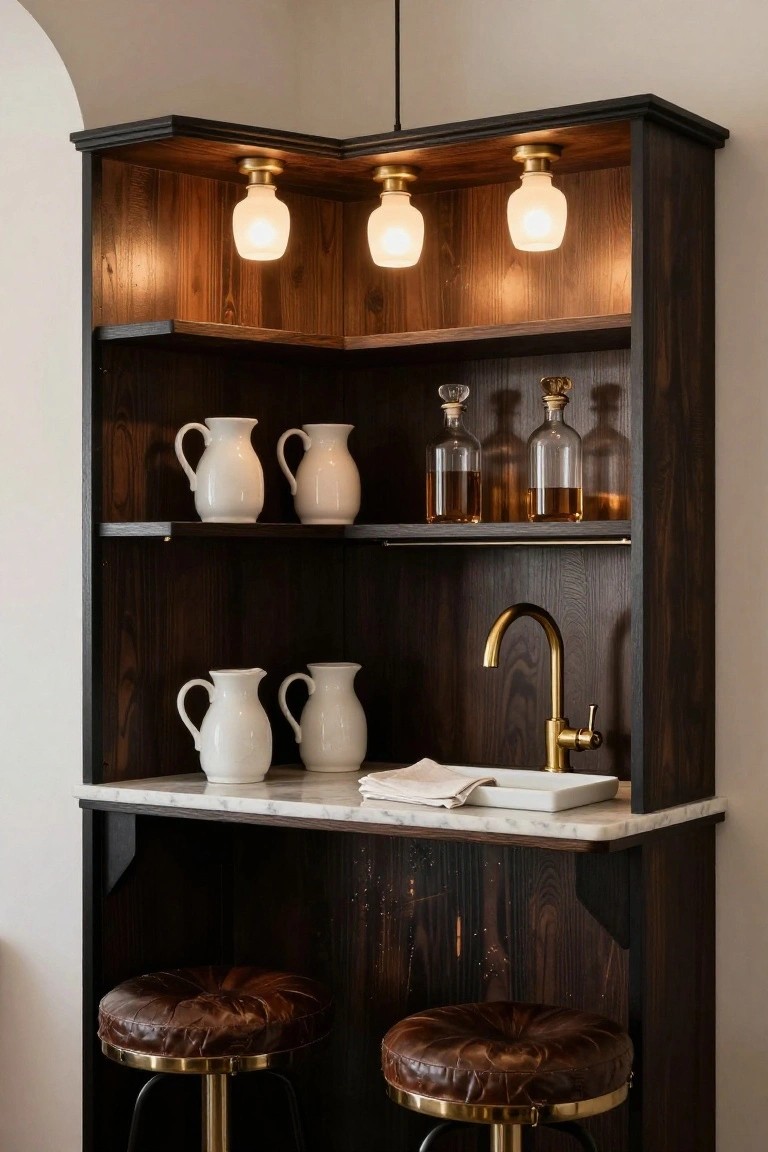 Dark wood corner cabinet unit functioning as a wet bar, with upper shelves holding white pitchers and glass decanters, marble countertop with brass sink and towel, lit by three frosted globe pendants in brass, and two brown leather stools on brass bases below.