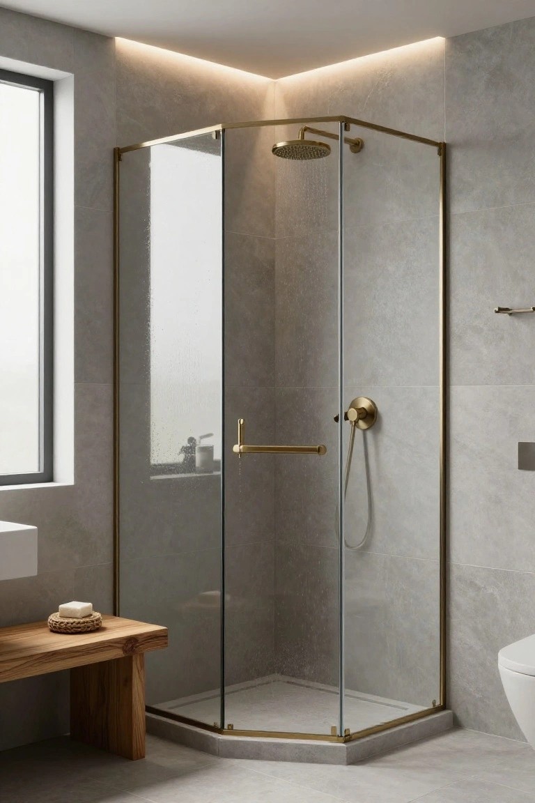 Corner shower enclosure with gold-framed glass panels, rainfall showerhead, handheld sprayer, towel bar, sink with soap dish on wooden bench, toilet, and LED strip lighting along upper wall-ceiling edges in gray-tiled bathroom.