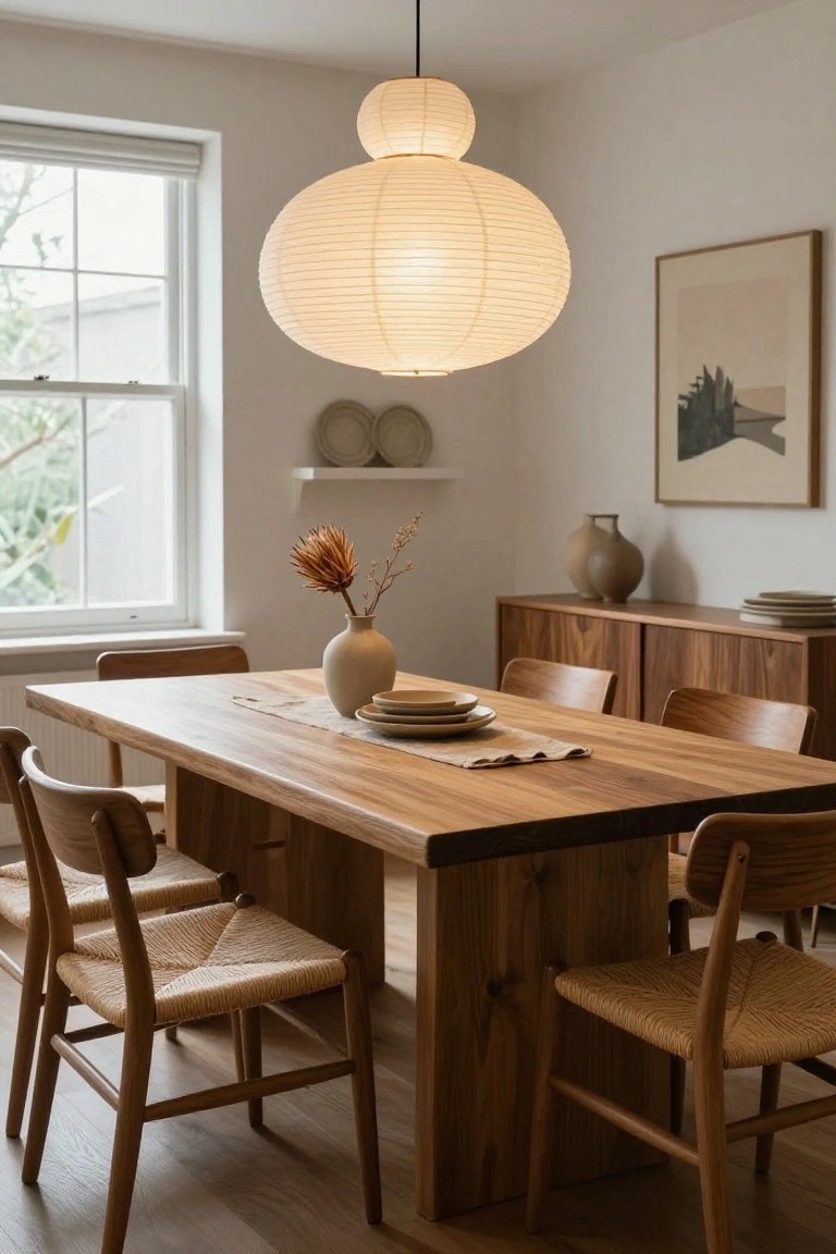 Dining room interior with a large double white paper lantern pendant light centered over a solid wood table flanked by four wood chairs with rattan seats, neutral ceramics on shelves and table, wooden sideboard, and a window showing greenery outside.