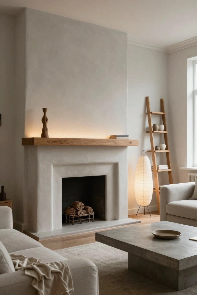 A minimalist living room with white plaster walls and fireplace, oak mantel shelf lit from behind by LED strip light holding a wooden candle holder and books, wooden ladder shelf with ceramics, tall white rice paper floor lamp, beige sofa, and concrete coffee table on light wood floor.