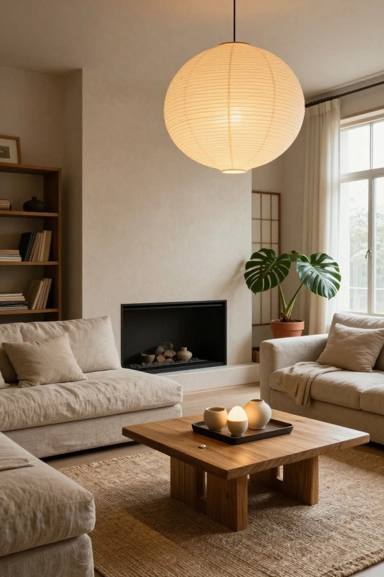 Modern living room with beige sofas, wooden coffee table, paper lantern, and fireplace.