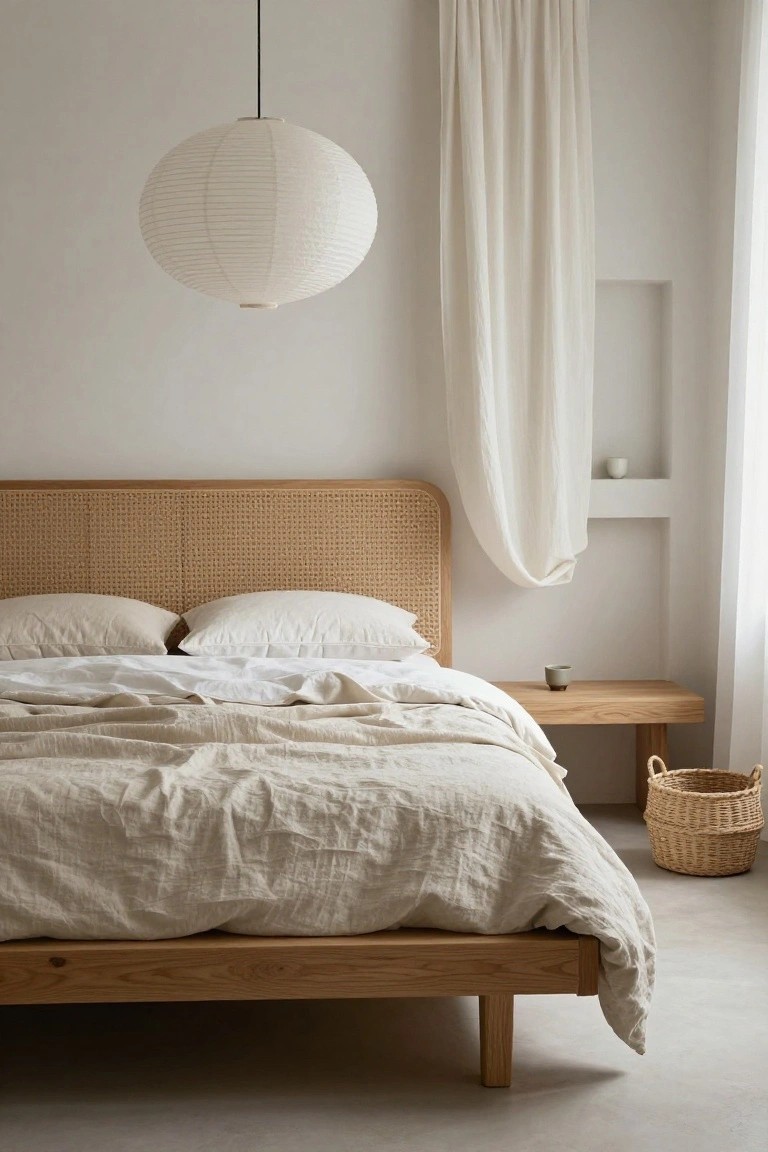 A minimalist bedroom with a low wooden platform bed featuring a beige rattan headboard, white linen bedding, a large white paper lantern pendant light hanging above the bed, sheer white curtains draped from the ceiling, a wooden nightstand holding a ceramic cup, and a woven basket on the floor.