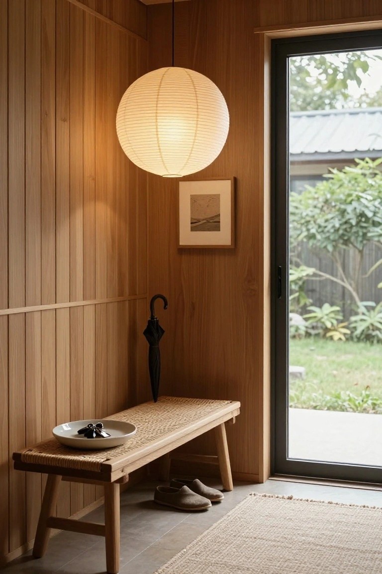 Wood-paneled entryway corner with large hanging white paper lantern, rattan bench holding white dish with keys, black umbrella, pair of slippers on floor, and sliding glass door to garden.