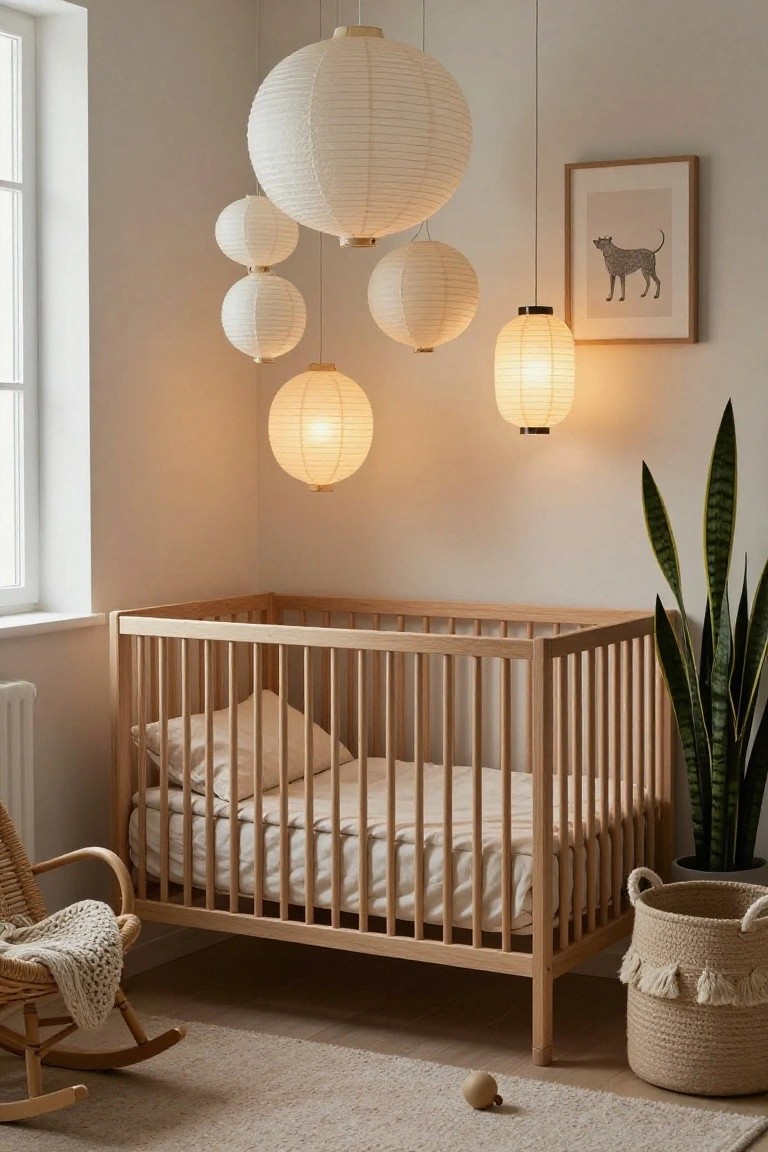 Nursery corner featuring a wooden crib with light bedding, a rattan rocking chair with throw, multiple hanging white paper lanterns, a tall potted snake plant, a woven basket, and a framed line art print on light walls with beige carpet.