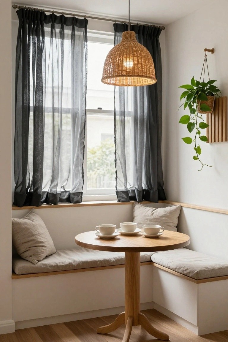 Corner banquette with beige cushions and pillows around a round wooden table set with three teacups on saucers, sheer black curtains on a window, rattan pendant lamp overhead, hanging plant on wall shelf, white walls, oak floors.