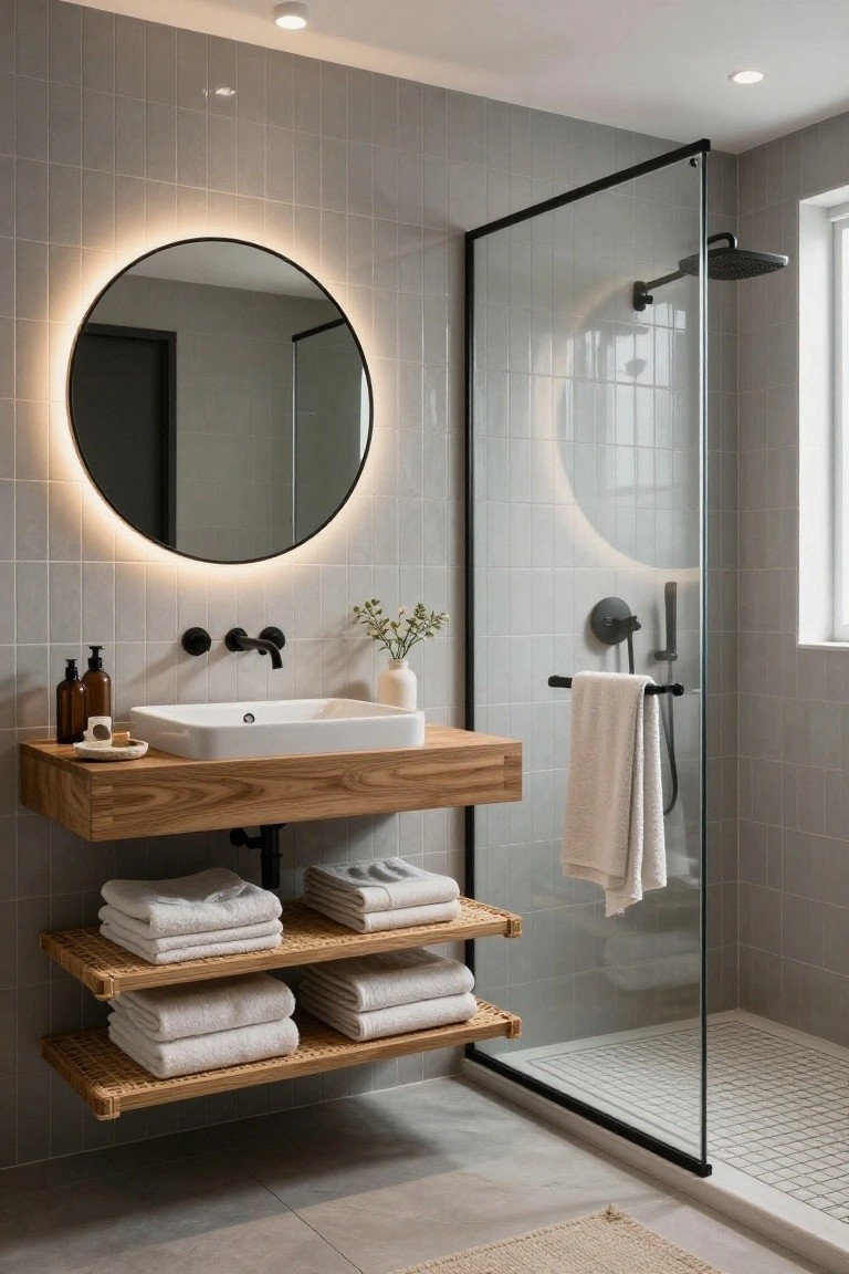 Modern bathroom with circular backlit mirror above wooden floating vanity and sink, glass shower enclosure with black frame, gray subway tile walls, and stacked towels on wooden shelves.