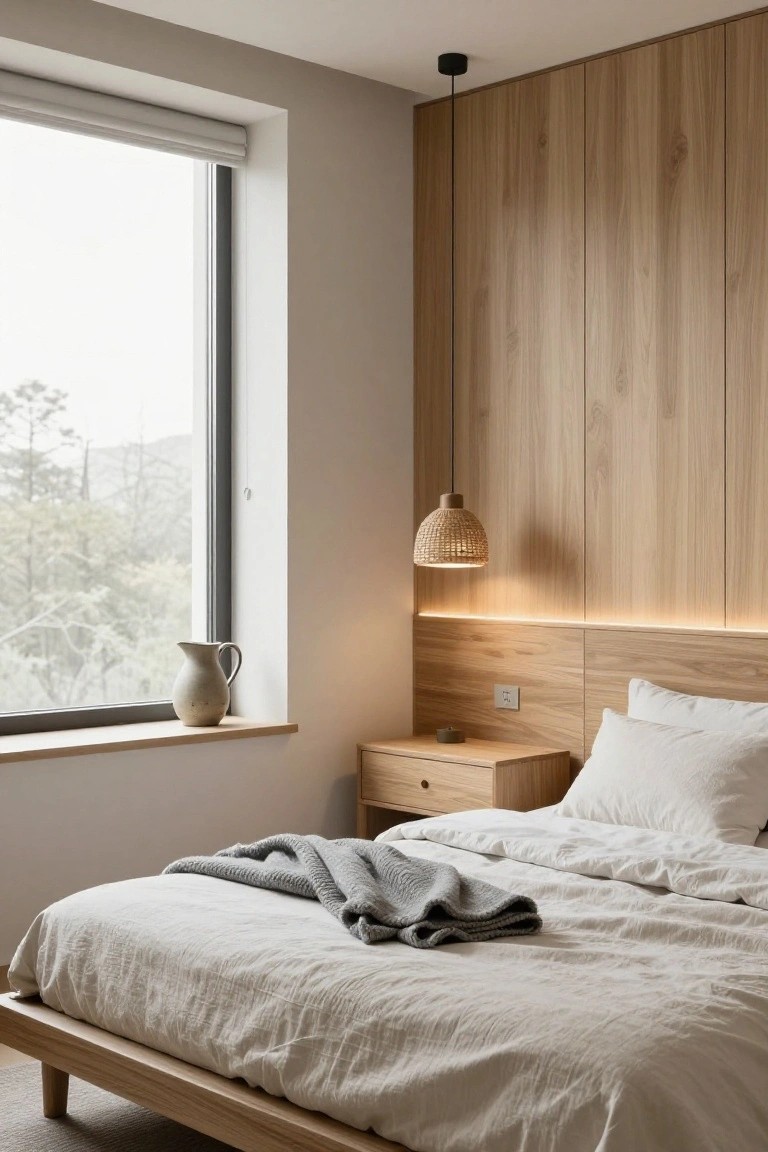 Minimalist bedroom with light oak vertical wall panels, platform bed draped in white linens and gray throw, wooden nightstand, large window with roller shade and ceramic jug on sill overlooking misty trees and mountains, woven pendant lamp, and LED strip lighting glowing along headboard panels.