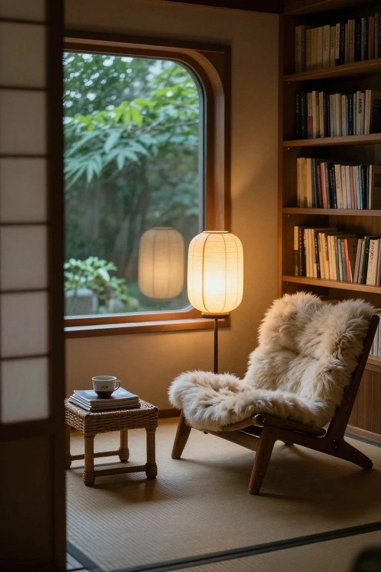 Japandi-style interior room with wooden bookshelves, fluffy white sheepskin armchair, tall paper lantern floor lamp, low rattan table with teacup and books, tatami mat floor, and garden view through oval window behind shoji screen door.
