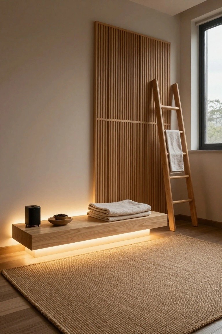 Interior room corner featuring vertical wooden slat wall panel, freestanding wooden ladder with draped white towels, floating wooden bench with warm LED strip lighting underneath holding a black diffuser and small ceramic bowl with beans, seagrass rug on wood floor, and window with blinds.