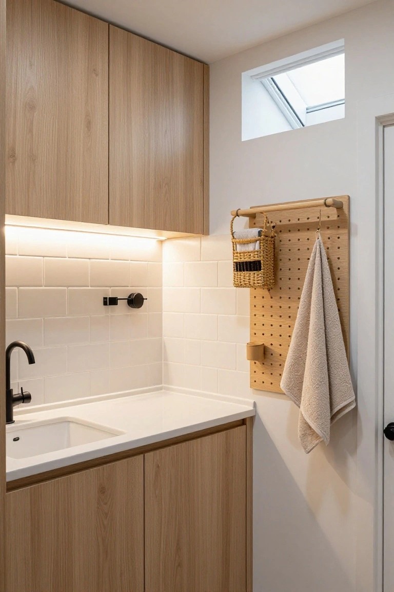 Japandi-style indoor laundry room featuring light oak cabinets, white subway tile backsplash, black matte faucet and fixtures, wooden pegboard with hanging towels and woven baskets, and warm LED strip lighting under the upper cabinets.