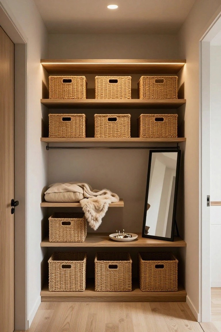Organized wooden closet with woven baskets, mirror, and LED shelf lighting.