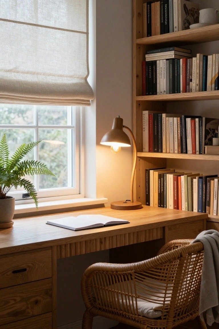 Home office corner with oak desk holding open notebook, wooden gooseneck lamp turned on, rattan chair with throw, bookshelves, fern plant on windowsill, sheer blinds over window.