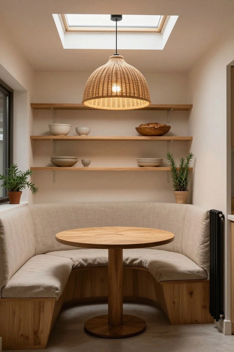 Curved beige booth seating around a round wooden table in an indoor nook, lit by a large hanging woven pendant lamp, with wooden shelves displaying pottery bowls and plants on the wall.