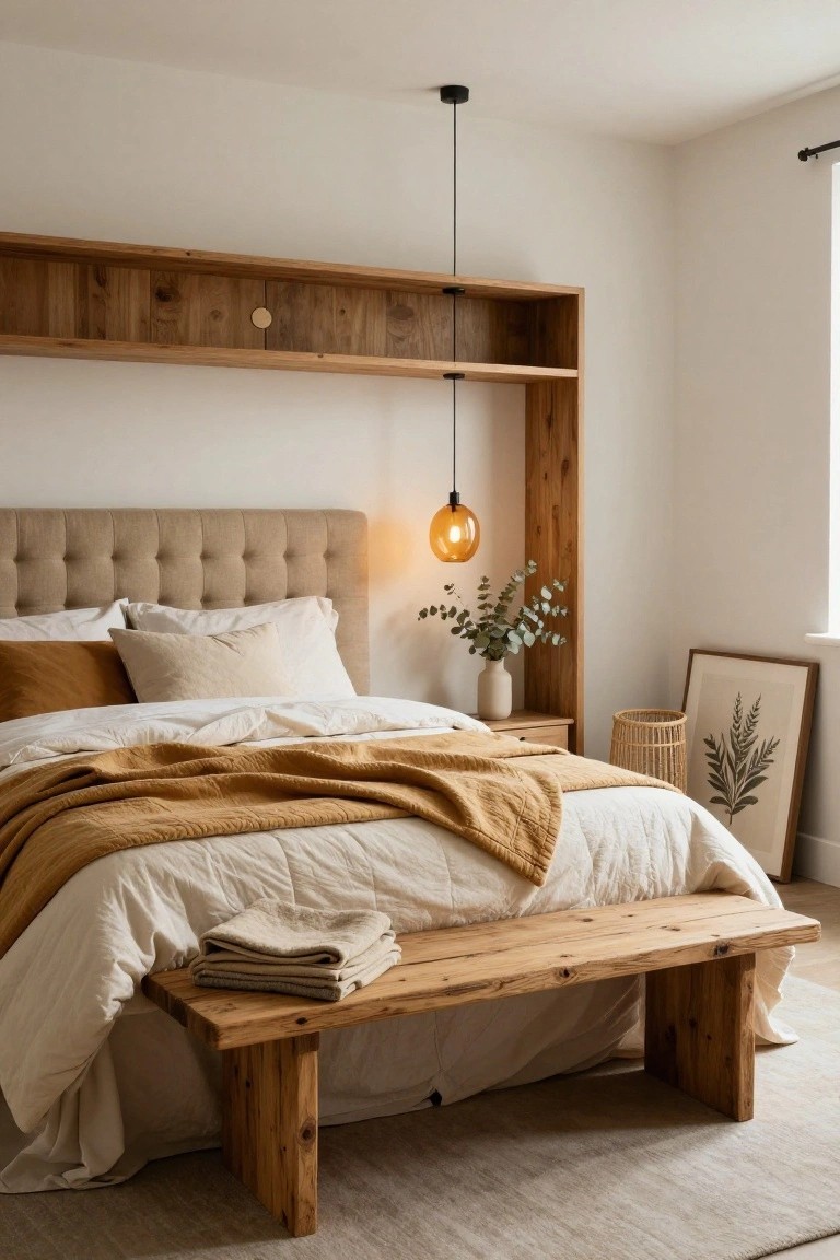 A king-sized bed with beige tufted headboard sits within a light wood framed alcove featuring open shelves, illuminated by a single orange pendant lamp, with neutral bedding, a wooden bench at the foot, woven basket, and potted plants nearby.