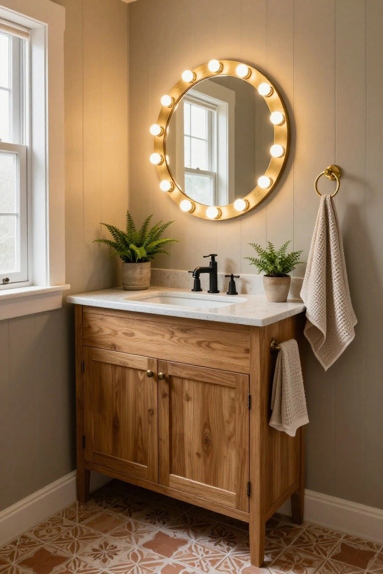Corner bathroom with oak wood vanity and white sink under a large round mirror edged in gold bulbs, flanked by potted ferns and hanging towels on a brass hook, beige shiplap walls, and terracotta patterned tile floor.